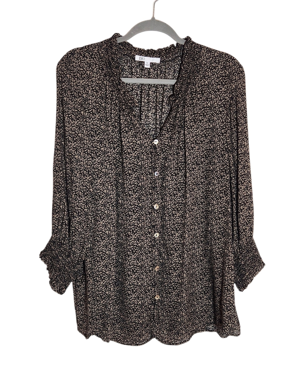DR2 Black and Tan Print Button-Up V-Neck Blouse Size 3X